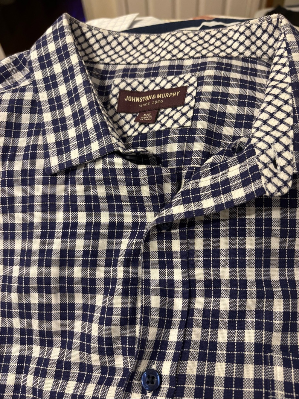 Men's Navy and White Gingham Check Button-Up Shirt Johnston & Murphy